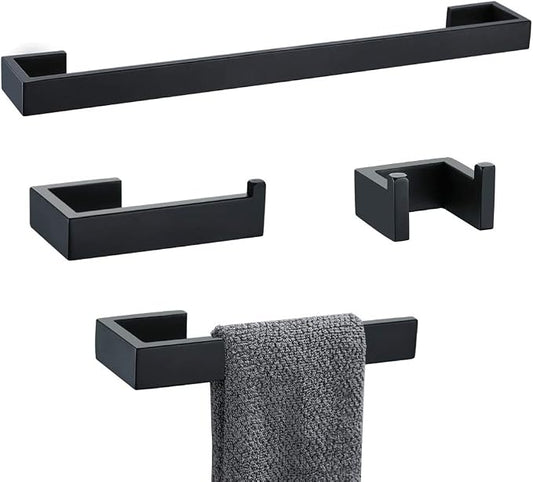 4 Pieces Bathroom Hardware Accessories Set Black Towel Bar Towel Holder Robe Hook Toilet Paper Holder Stainless Steel,Q8-P4BK