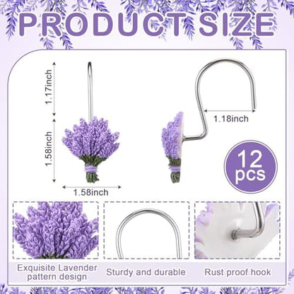 Amyhill 12 Pcs Lavender Shower Curtain Hooks Purple Floral Decorative Hooks Rings Bulk Cute Hanger Stainless Steel Resin Spring Flower Themed Shower Hook for Bathroom Bedroom Home Living Room Decor