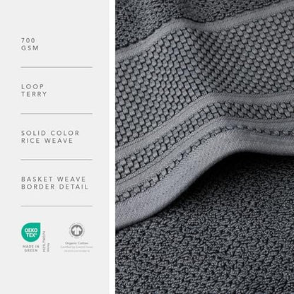 Texere 100% Organic Cotton Rice Weave Jacquard 700 GSM Luxury Bath Towel Sets - Ultra Soft and Absorbent Hotel and Spa Quality (Rice Weave, Charcoal, 2 Bath Towels)
