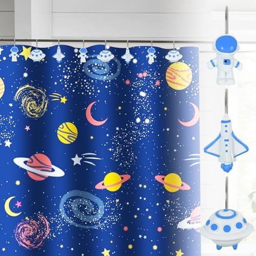 12-Piece Outer Space Galaxy Rocket Planet Shower Curtain Hooks