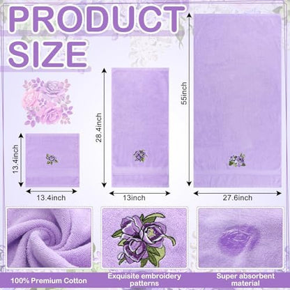 3 Pcs Rustic Purple Roses Bathroom Towel Set Farmhouse Embroidered Purple Roses Towels Vintage Decorative 100% Cotton Bath Towel Highly Absorbent Elegant Summer Decor Set for Bathroom