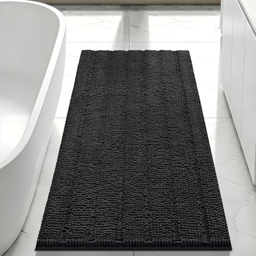Bcoimo Bath Rug Mat, 44x24 Chenille Non Slip Black Long Bathroom Runner Rug
