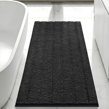 Bcoimo Bath Rug Mat, 44x24 Chenille Non Slip Black Long Bathroom Runner Rug