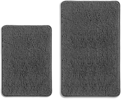 Gray Bathroom Rugs Sets 2 Piece – Absorbent and Washable Bath Mat, Non-Slip, Thick Soft Chenille Bath Rugs for Bathroom Floor, Shower, Sink - 17" x 24"+20" x 32"