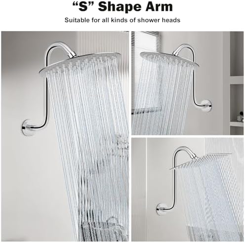 NearMoon S Shaped Shower Head Riser Arm, Shower Extender Arm with Flange, Standard 1/2" Connection- Bathroom Accessory (12 Inch, Chrome)