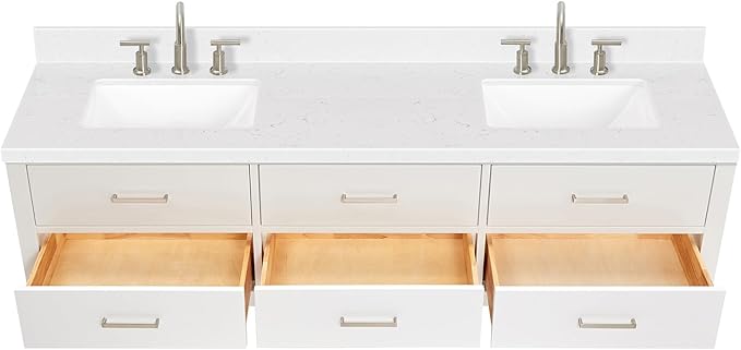 ARIEL Hutton 72-inch Bathroom Vanity with Sink,Solid Wood, 1.5-inch Carrara White Quartz Countertop & Backsplash, Double Rectangular Porcelain Sink, 3 Dovetail Drawers, White