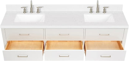 ARIEL Hutton 72-inch Bathroom Vanity with Sink,Solid Wood, 1.5-inch Carrara White Quartz Countertop & Backsplash, Double Rectangular Porcelain Sink, 3 Dovetail Drawers, White