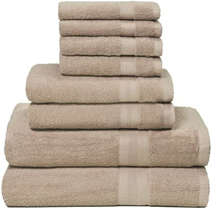 BOUTIQUO 8 Piece Towel Set 100% Ring Spun Cotton, 2 Bath Towels 27X54, 2 Hand Towels 16X28 and 4 Washcloths 13X13 - Ultra Soft Highly Absorbent Machine Washable Hotel Spa Quality - Tan