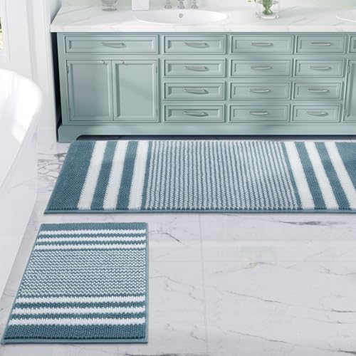 BSICPRO Bathroom Rugs Sets 2 Piece, Non Slip Striped Bath Mats, Denim Blue
