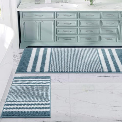 BSICPRO Bathroom Rugs Sets 2 Piece, Non Slip Striped Bath Mats, Denim Blue