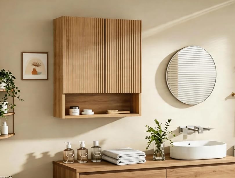 USHOWER Brown Oak Bathroom Wall Cabinet with Fluted Doors & Open Shelf