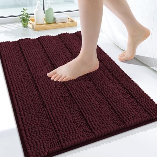 Grandaily Chenille Striped Bathroom Rugs 24x16, Extra Thick and Soft Absorbent Bath Mats, Rubber Backing, Plush Shaggy Shower Carpet, Machine Wash Dry, Bath Rug for Bathroom, Black Cherry