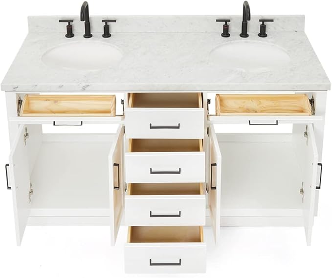 ARIEL Hepburn 60-inch Bathroom Vanity with Sink,Solid Wood, 1.5-inch Italian Carrara Marble Countertop & Backsplash, Double Oval Porcelain Sink, 4 Soft Closing Doors, 6 Dovetail Drawers, White