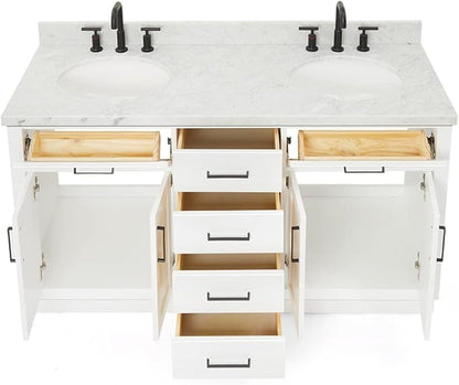 ARIEL Hepburn 60-inch Bathroom Vanity with Sink,Solid Wood, 1.5-inch Italian Carrara Marble Countertop & Backsplash, Double Oval Porcelain Sink, 4 Soft Closing Doors, 6 Dovetail Drawers, White