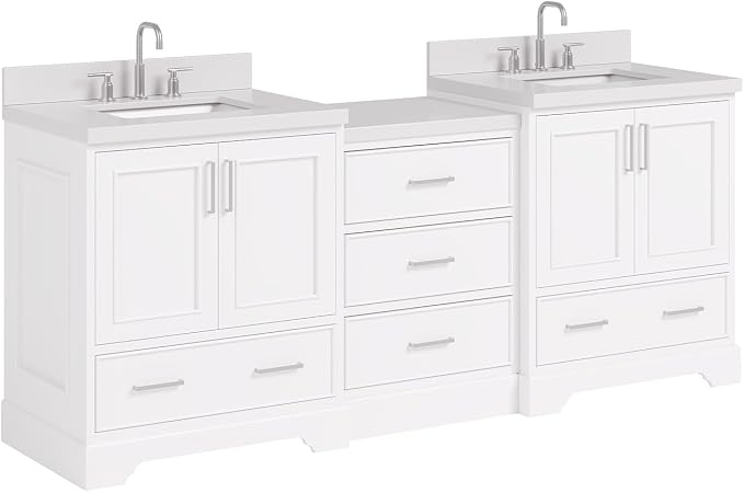 ARIEL Stafford 84-inch Bathroom Vanity with Sink,Solid Wood, 1.5in Pure White Quartz Countertop & Backsplash, Double Rectangular Porcelain Sink, 4 Soft Closing Doors, 5 Dovetail Drawers, White