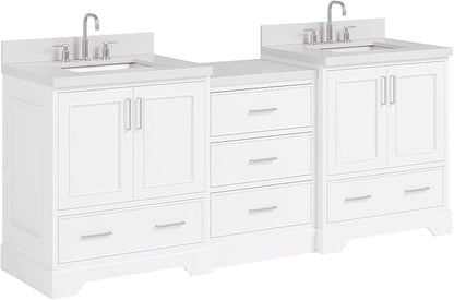 ARIEL Stafford 84-inch Bathroom Vanity with Sink,Solid Wood, 1.5in Pure White Quartz Countertop & Backsplash, Double Rectangular Porcelain Sink, 4 Soft Closing Doors, 5 Dovetail Drawers, White