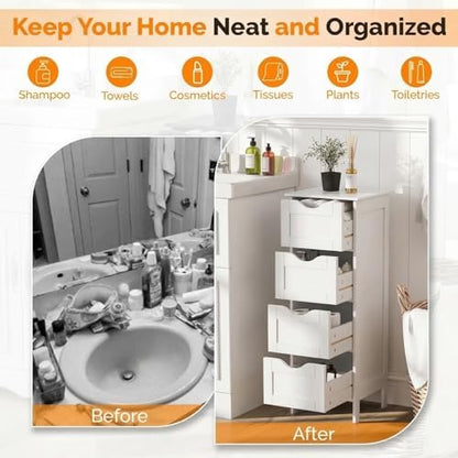 VINGLI White Bathroom Storage Cabinet with 4 Drawers Wooden Freestanding Slim Bathroom Floor Cabinet Small Side Organizer Storage Unit for Restroom Livng Room Kitchen Office Hallway Entryway