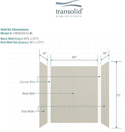 Transolid EWK603672-46 Expressions 3-Panel Shower Wall Kit, 36-in L x 60-in W x 72-in H, Cameo