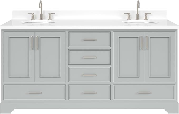 ARIEL Stafford 72-inch Bathroom Vanity with Sink,Solid Wood, 1.5-inch Pure White Quartz Countertop & Backsplash, Double Oval Porcelain Sink, 4 Soft Closing Doors, 6 Dovetail Drawers, Grey
