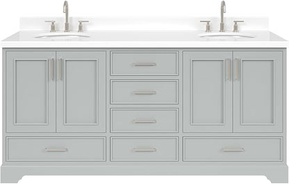 ARIEL Stafford 72-inch Bathroom Vanity with Sink,Solid Wood, 1.5-inch Pure White Quartz Countertop & Backsplash, Double Oval Porcelain Sink, 4 Soft Closing Doors, 6 Dovetail Drawers, Grey