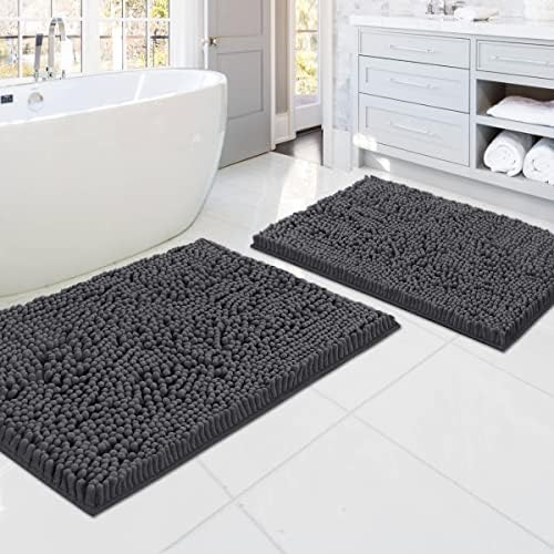 H.VERSAILTEX Luxury Chenille Bathroom Rugs - Non-Slip Bath Mats, Extra Soft Absorbent Shaggy, Washable Fast Dry 2 Piece Set (Grey, 20" x 32"/17" x 24")