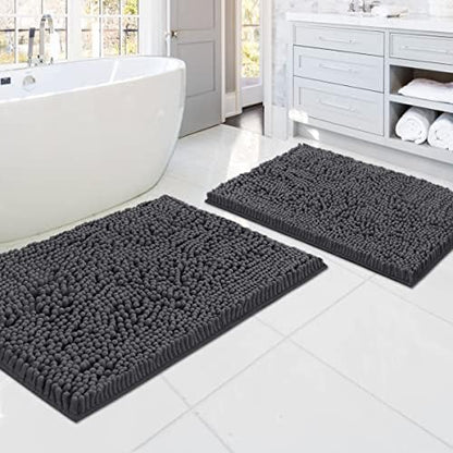 H.VERSAILTEX Luxury Chenille Bathroom Rugs - Non-Slip Bath Mats, Extra Soft Absorbent Shaggy, Washable Fast Dry 2 Piece Set (Grey, 20" x 32"/17" x 24")
