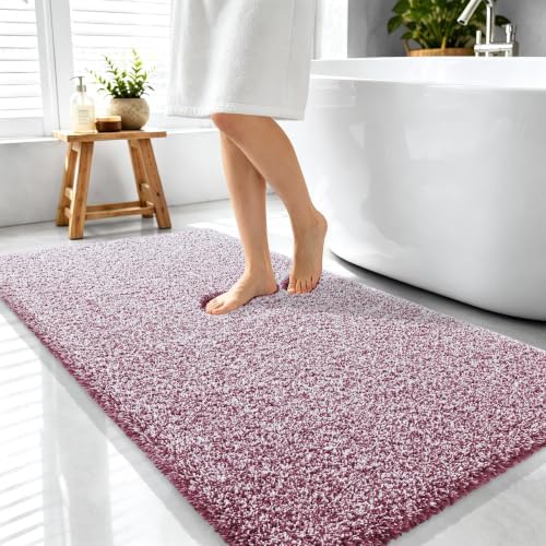 OLANLY Microfiber Bathroom Rugs 44x24, Quick Dry Mat, Burgundy and White