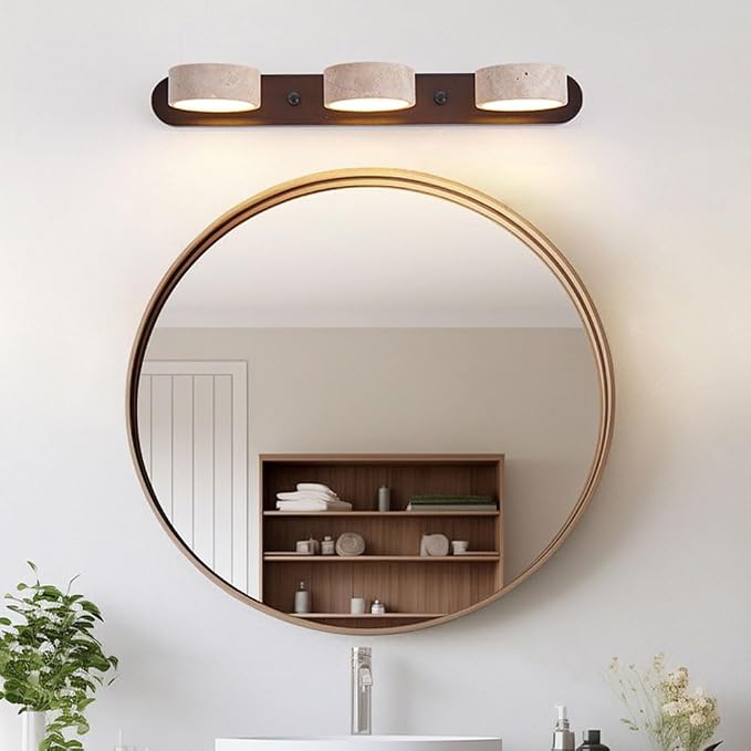 Yellow Travertine Vanity Light, 19.69" Wabi Sabi Modern Wooden Bathroom Light 360° Rotatable Natural Stone Lampshade Wall Lighting Fixture Over Mirror for Bathroom Farmhouse Home Decor 3 Lights