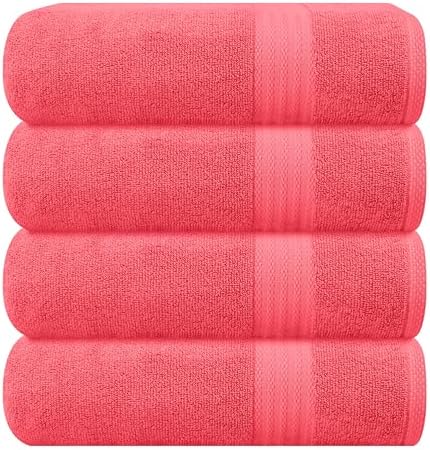 GLAMBURG Premium Cotton 4 Pack Bath Towel Set - 100% Pure Cotton - 4 Bath Towels 27x54 - Ideal for Everyday use - Ultra Soft & Highly Absorbent - Coral Orange