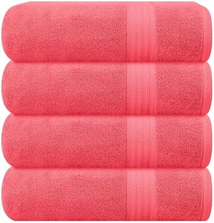 GLAMBURG Premium Cotton 4 Pack Bath Towel Set - 100% Pure Cotton - 4 Bath Towels 27x54 - Ideal for Everyday use - Ultra Soft & Highly Absorbent - Coral Orange