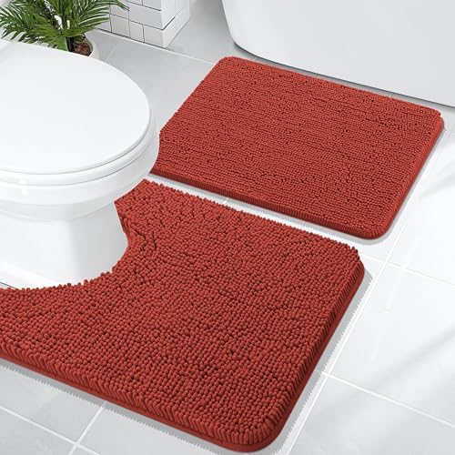 OLANLY Chenille Bath Rugs Sets 2 Piece, 24"x16"+24"x20", Rustic Terracotta