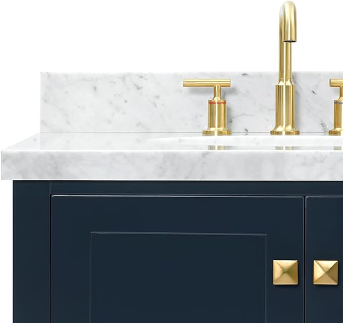 ARIEL Cambridge 72-inch Bathroom Vanity with Sink,Solid Wood, 1.5-inch Italian Carrara Marble Countertop, Double Oval Porcelain Sink, 4 Soft Closing Doors, 6 Dovetail Drawers, Midnight Blue