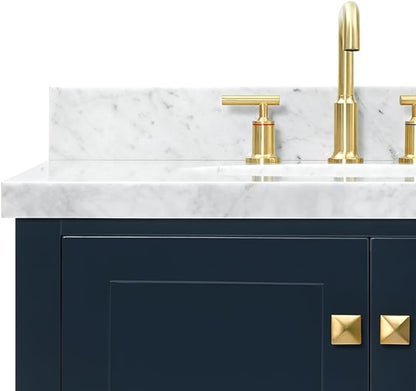 ARIEL Cambridge 72-inch Bathroom Vanity with Sink,Solid Wood, 1.5-inch Italian Carrara Marble Countertop, Double Oval Porcelain Sink, 4 Soft Closing Doors, 6 Dovetail Drawers, Midnight Blue