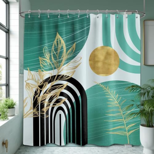 Teal and Gold Shower Curtain, 72x72 in, Mid Century Modern Turquoise