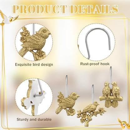 Amyhill 12 Pcs Bird Shower Curtain Hooks Antique Gold Birds Animal Decorative Hooks Rings Bulk Cute Hanger Stainless Steel Resin Nature Spring Themed Curtain Rings for Bathroom Bedroom Home Decor