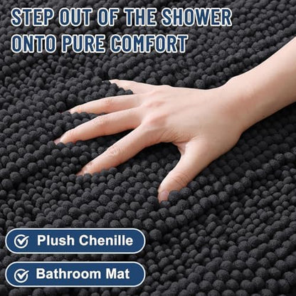 Grandaily Chenille Striped Bathroom Rugs 47x32, Extra Thick and Soft Absorbent Bath Mats, Rubber Backing, Plush Shaggy Shower Carpet, Machine Wash Dry, Bath Rug for Bathroom, Charcoal
