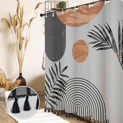 Boho Mid Century Leaf Shower Curtain Set,Arch Sun Design,Minimalistic Leaves Pattern,Waterproof and Luxurious Fabric-12 Hooks(Grey-72" x 72")