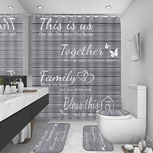 4Pcs Family Shower Curtain Sets with Non-Slip Rugs, Toilet Lid Cover and Bath Mat, Grey Home Bathroom Decor Set Accessories Waterproof Shower Curtains with 12 Hooks, 72 x 72 Inch