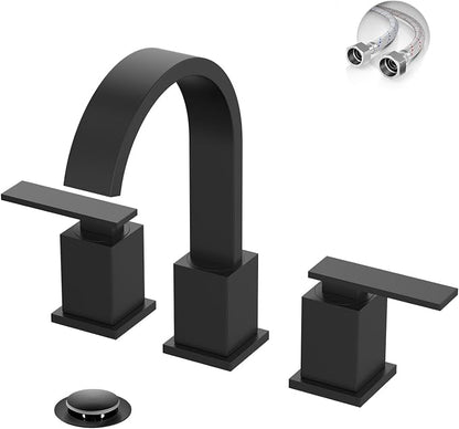 8 Inch Widespread Waterfall Matte Black Bathroom Faucet,3 Hole Vanity Faucet with Pop Up Drain and Water Supply Line, WF011-MB