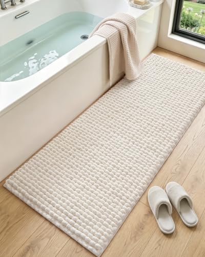 DEXI Bathroom Runner Rugs 60x24, Non Slip Chinelle Bath Mat, Cream