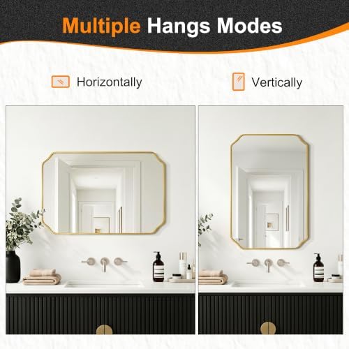 Delma Bathroom Vanity Mirror, Black Framed Aluminum Bathroom Mirror for Over Sink, Scalloped Round Corner Wall Mirror, High-Definition Vanity Mirror, Hangs Horizontally or Vertically (30x20,Gold)