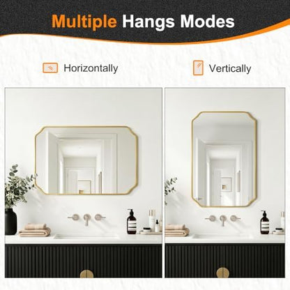 Delma Bathroom Vanity Mirror, Black Framed Aluminum Bathroom Mirror for Over Sink, Scalloped Round Corner Wall Mirror, High-Definition Vanity Mirror, Hangs Horizontally or Vertically (30x20,Gold)