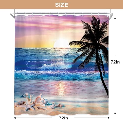 Ocean Coastal Sunrise Beach Tropical Palm Tree Bathroom Shower Curtain Set