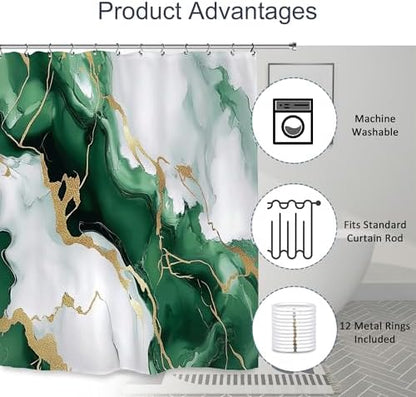Emerald Green Marble Art Shower Curtain 60Wx72L Inch Abstract Modern Contemporary Bathroom Set Accessories Decor with 12 Pack Hooks