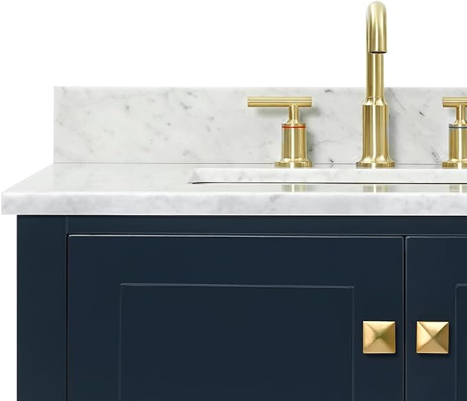 ARIEL Cambridge 72-inch Bathroom Vanity with Sink,Solid Wood, 0.75-inch Italian Carrara Marble Countertop, Double Rectangular Porcelain Sink, 4 Soft Closing Doors, 6 Dovetail Drawers, Midnight Blue