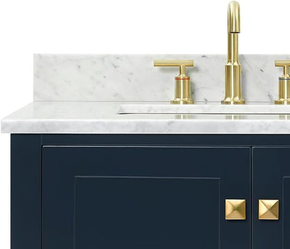 ARIEL Cambridge 72-inch Bathroom Vanity with Sink,Solid Wood, 0.75-inch Italian Carrara Marble Countertop, Double Rectangular Porcelain Sink, 4 Soft Closing Doors, 6 Dovetail Drawers, Midnight Blue