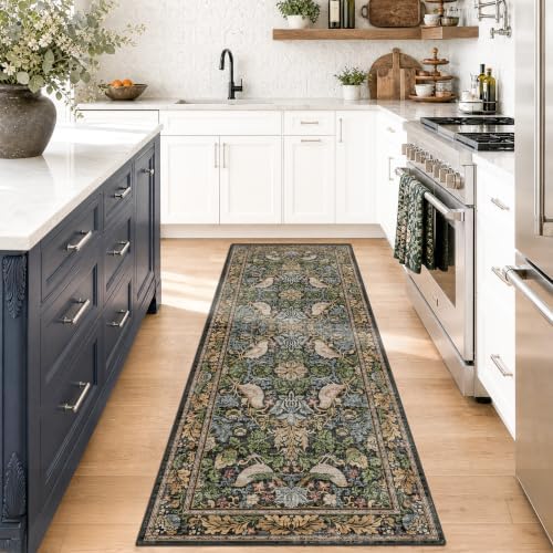 Floral Kitchen Runners - 2x6 Runner Rug for Hallway Bathroom Laundry Room Bedroom Beside Bed Entryway, Boho Leaves Patterned Non Slip Low Pile Washable Rugs