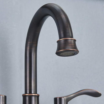Lead-Free Antique 2 Handle Oil Rubbed Bronze Bathroom Sink Faucet, 360° Swivel High-Arc Spout 4-Inch Centerset Lavatory Vanity Faucets Set with Drain & Water Hoses, VABM10003H