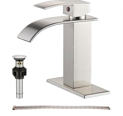 Waterfall Single Handle Bathroom Vanity Sink Faucet with Metal Pop-up Drain, Brushed Nickel Finish