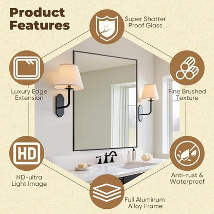 Antok 22x30 Black Metal Framed Bathroom Mirror, Wall Mirror with Rect Corners, Vanity Mirror for Over Sink, Anti-Rust Tempered Glass, Horizontal/Vertical Hanging for Bathroom, Living Room, Entryway